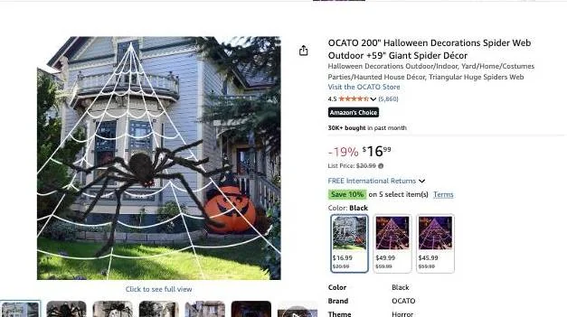 OCATO 200 inch spider web with 59 inch giant spider on Amazon, $16.99