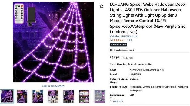LCHUANG 450-LED Halloween spider web lights on Amazon, $19.99
