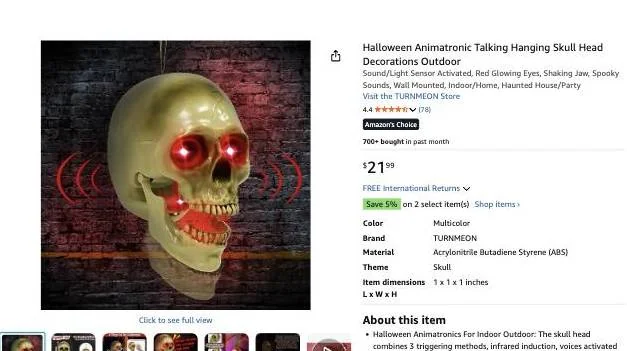 Animatronic talking hanging skull on Amazon, $21.99